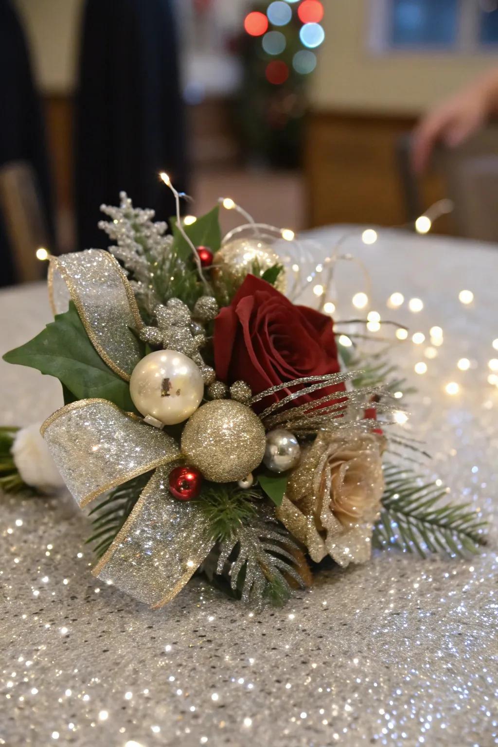 A glamorous Christmas corsage showcasing glittering accents.