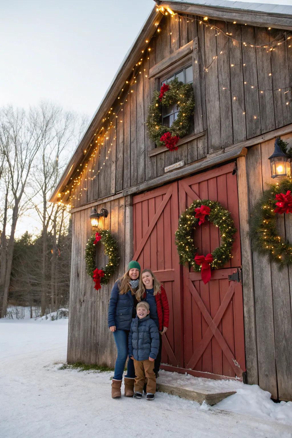 A country barn furnishes a charming backdrop for holiday images.