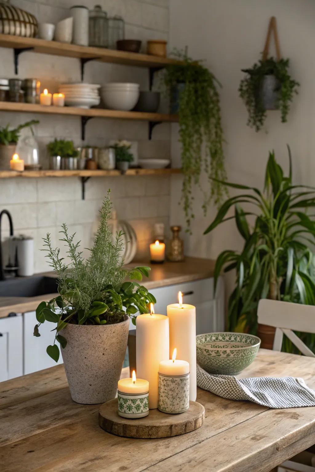 Cozy corners with candles and greenery enhance the festive atmosphere.