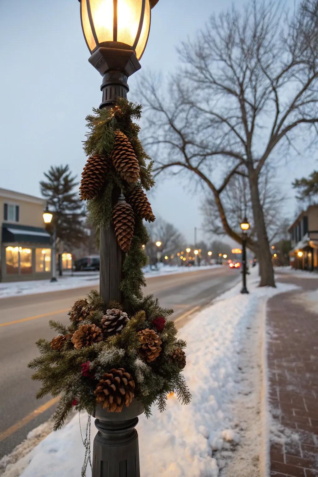 A pinecone cluster delivers rustic charm to a lamp post.