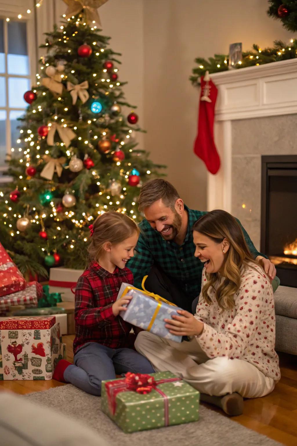 The thrill of Christmas morn captured as a family discovers gifts under the tree.