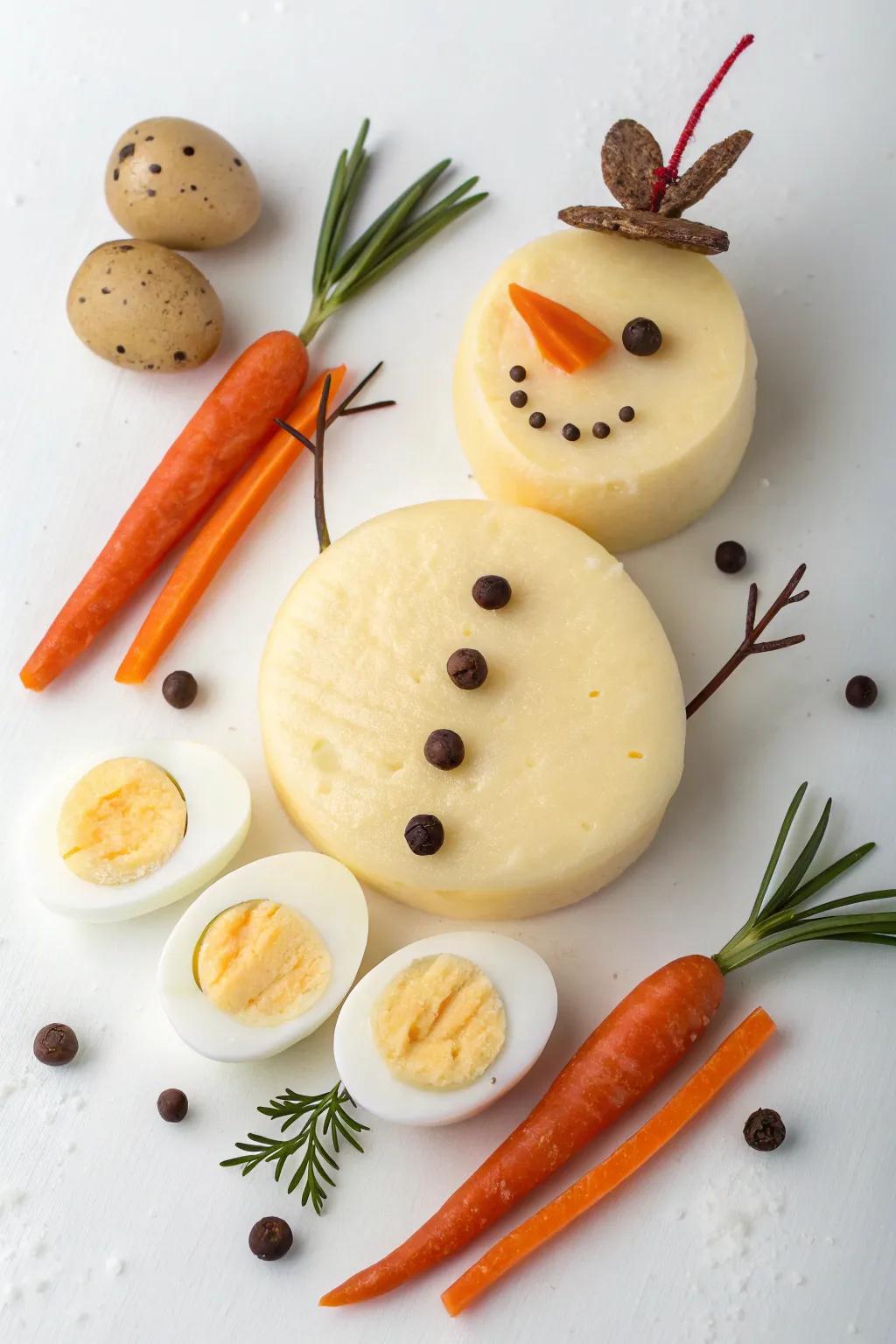 Snowman fashioned from cheddars and eggs for a wintry impression.