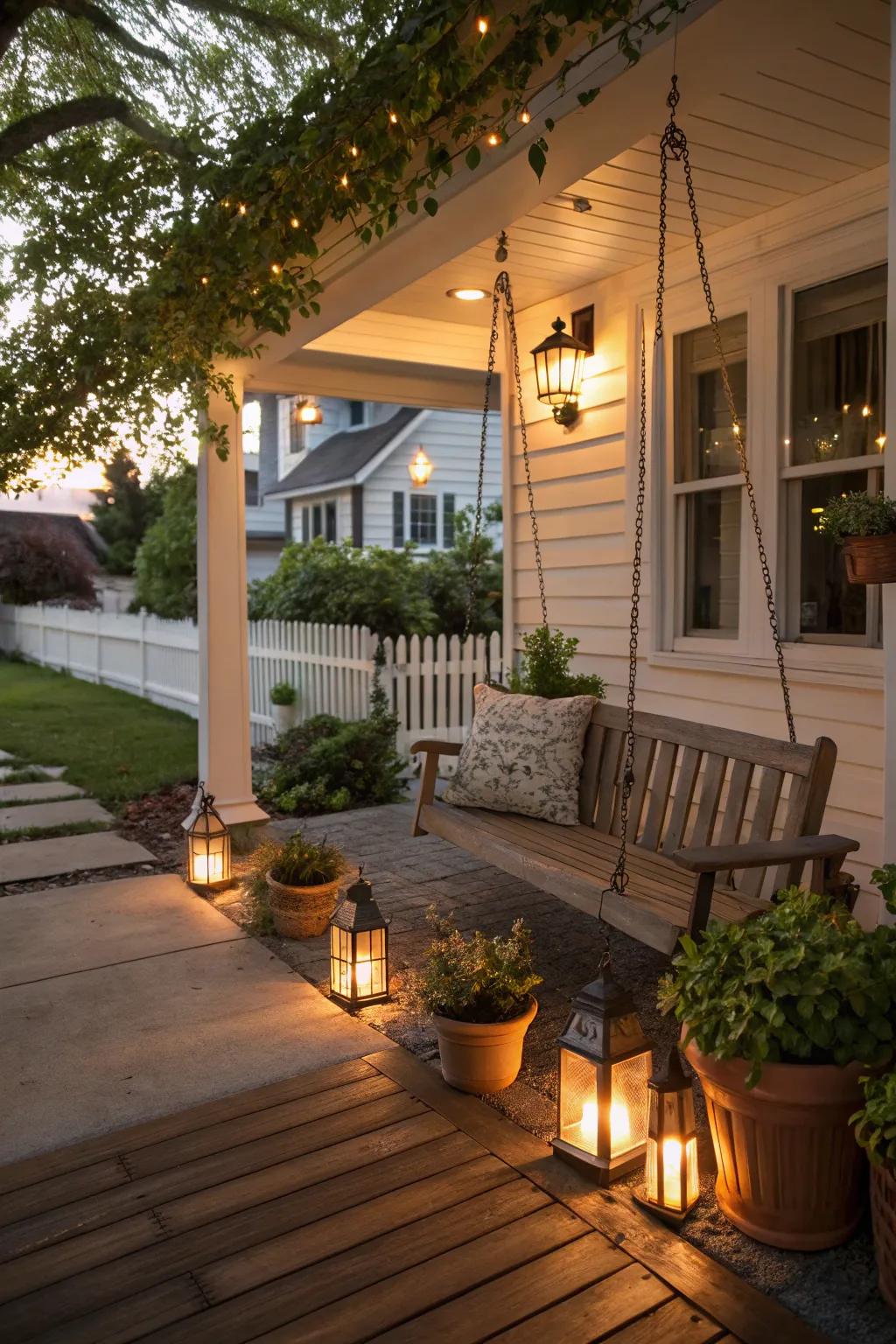 Lanterns and lights add a cozy glow.