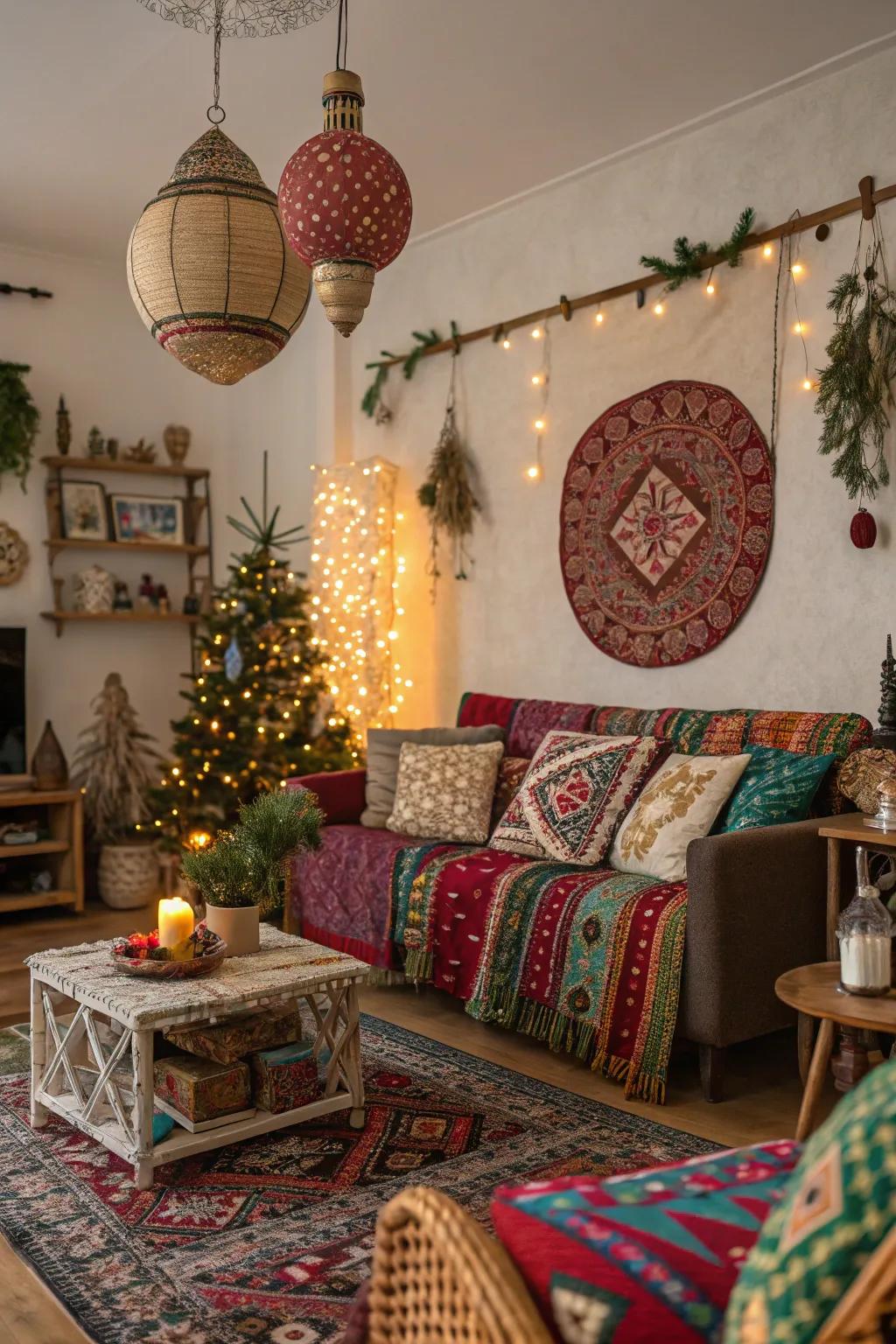 Free-spirited joy with artistic Christmas decor.