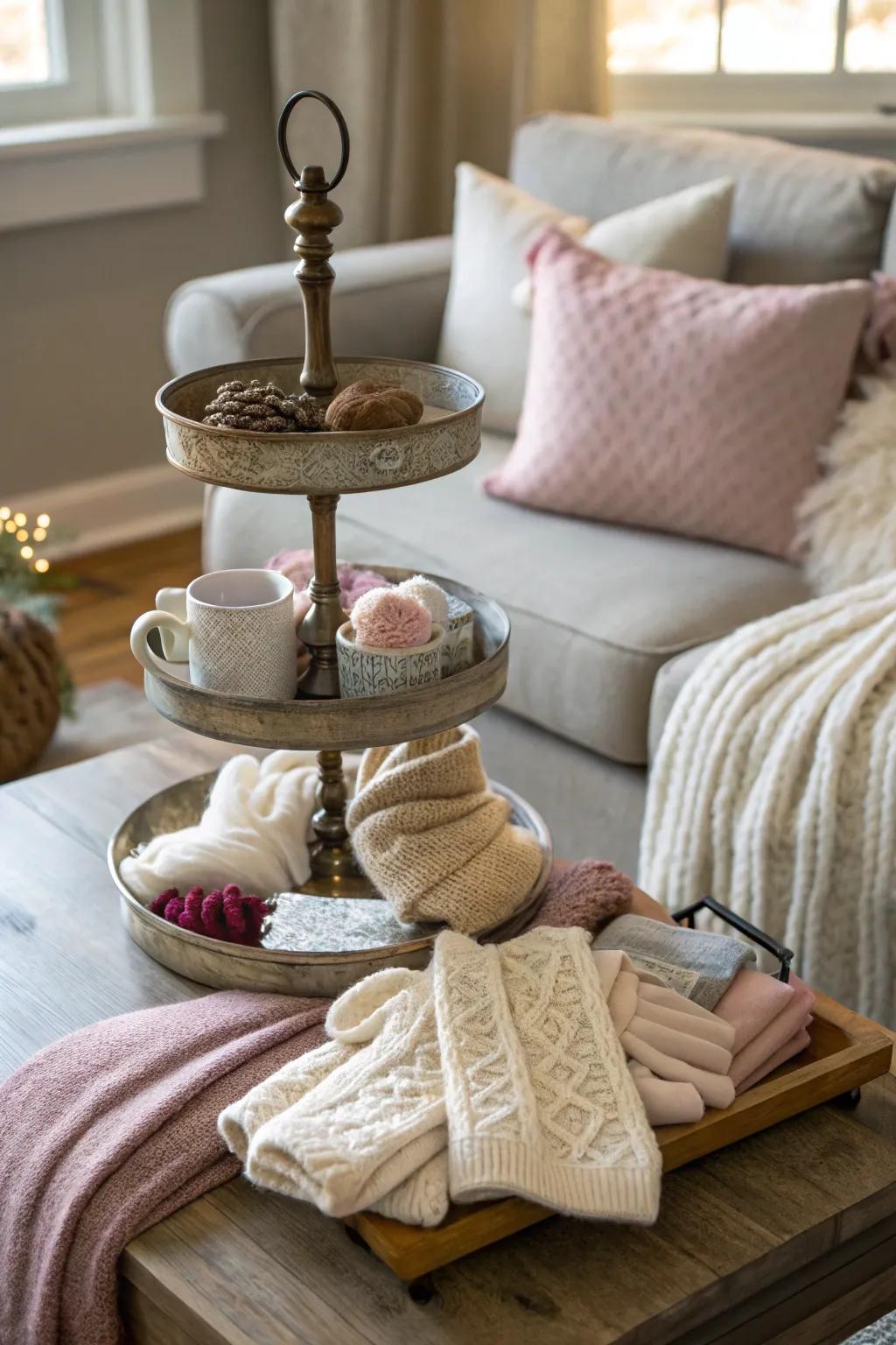 Cozy textiles and knits add warmth to this tiered display.
