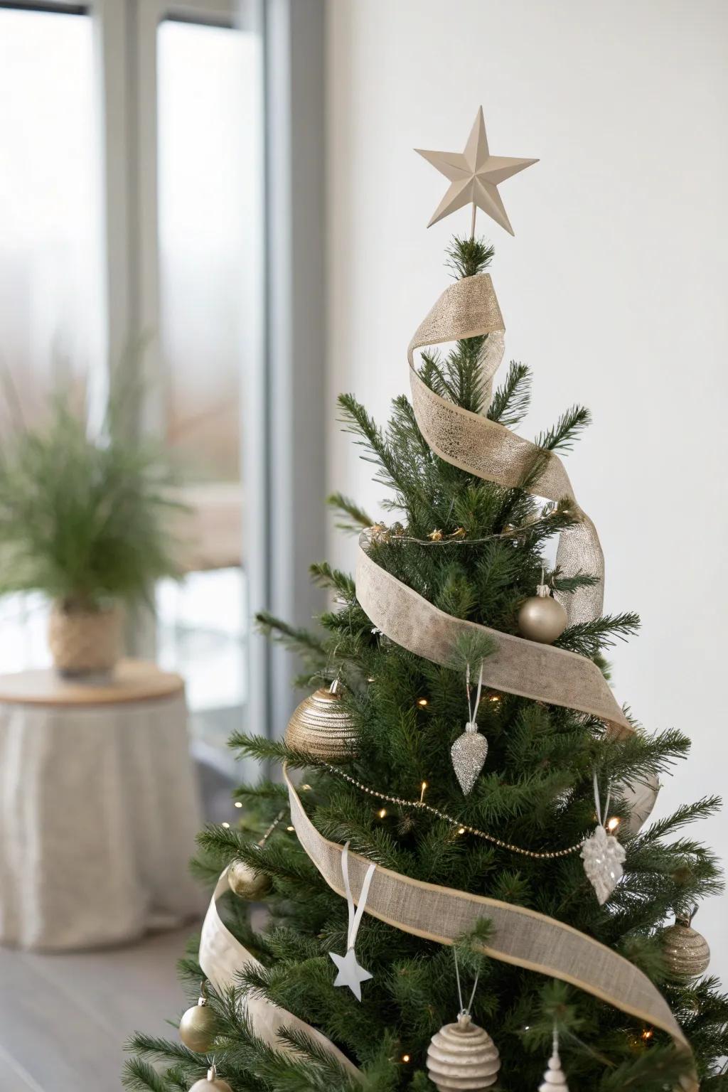 A Christmas tree featuring minimalist ribbons, spotlighting the tree's inherent elegance.
