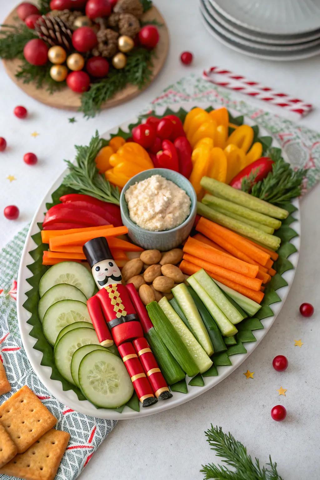 A wooden soldier-inspired veggie design that is an artistic endeavor.