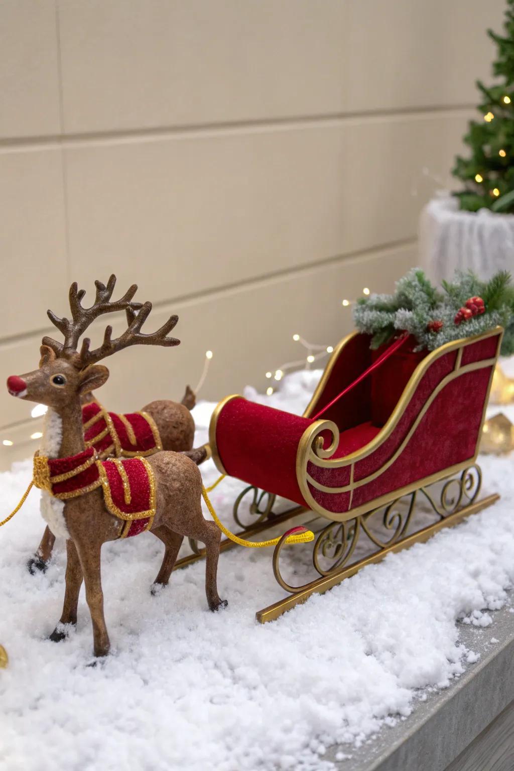 An eccentric Santa’s pulka display featuring reindeer and snow.