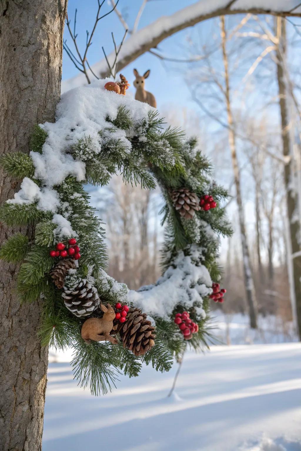 A snowy woodland wreath with faux snow and charming woodland creatures.