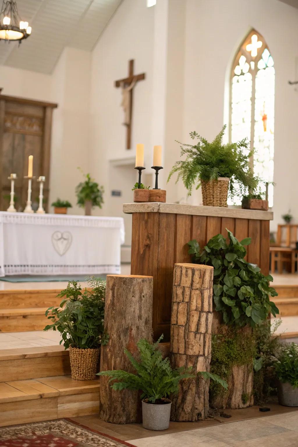 An altar featuring eco-friendly elements like reclaimed wood and potted plants.
