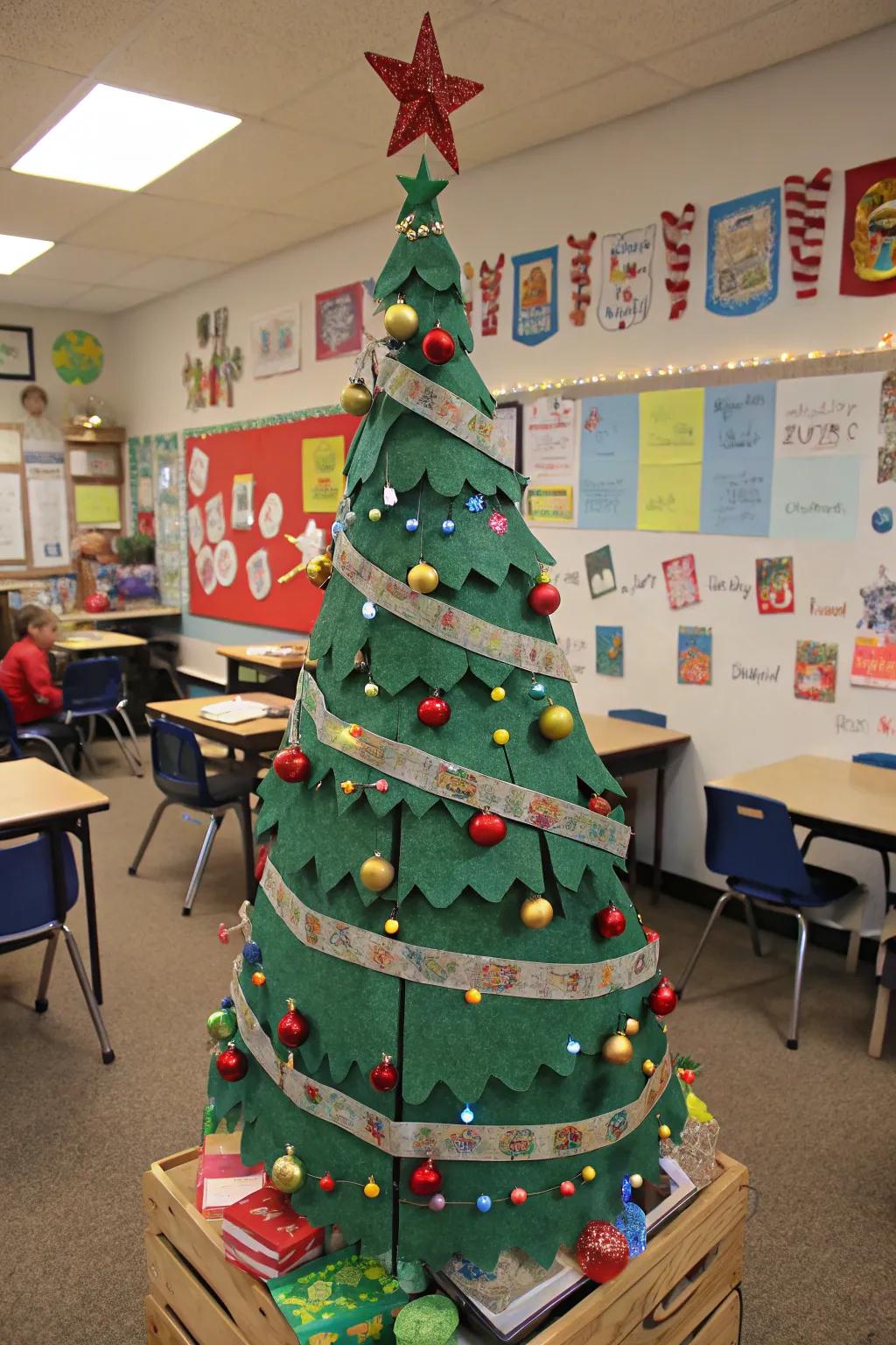 A creative craft stick Christmas tree in a classroom