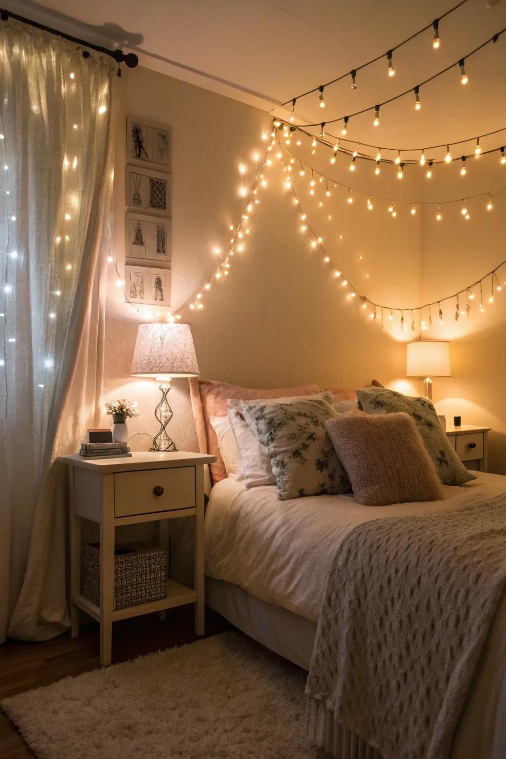 Gentle illumination creates a warm and welcoming bedroom atmosphere.