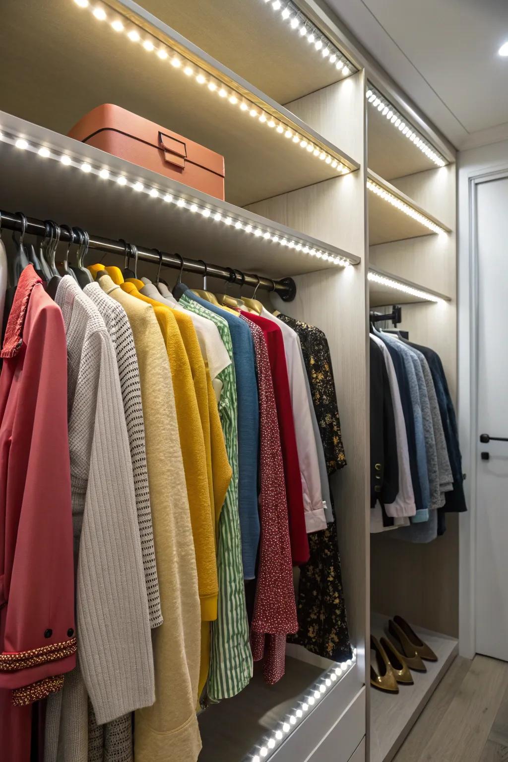 LED-integrated rods add both style and functionality to closets.