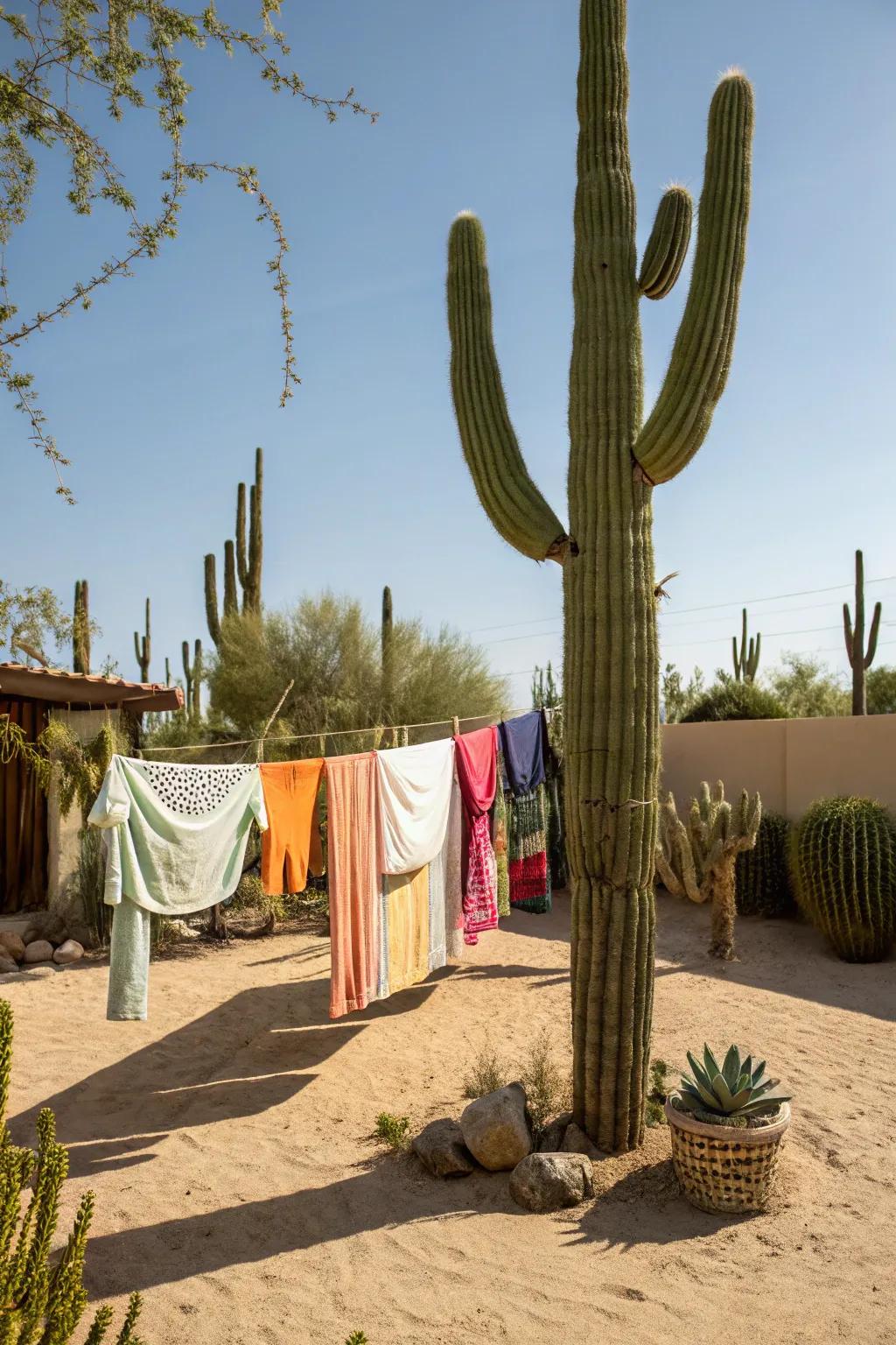 An artistic clothesline shaped like a cactus for a playful twist.