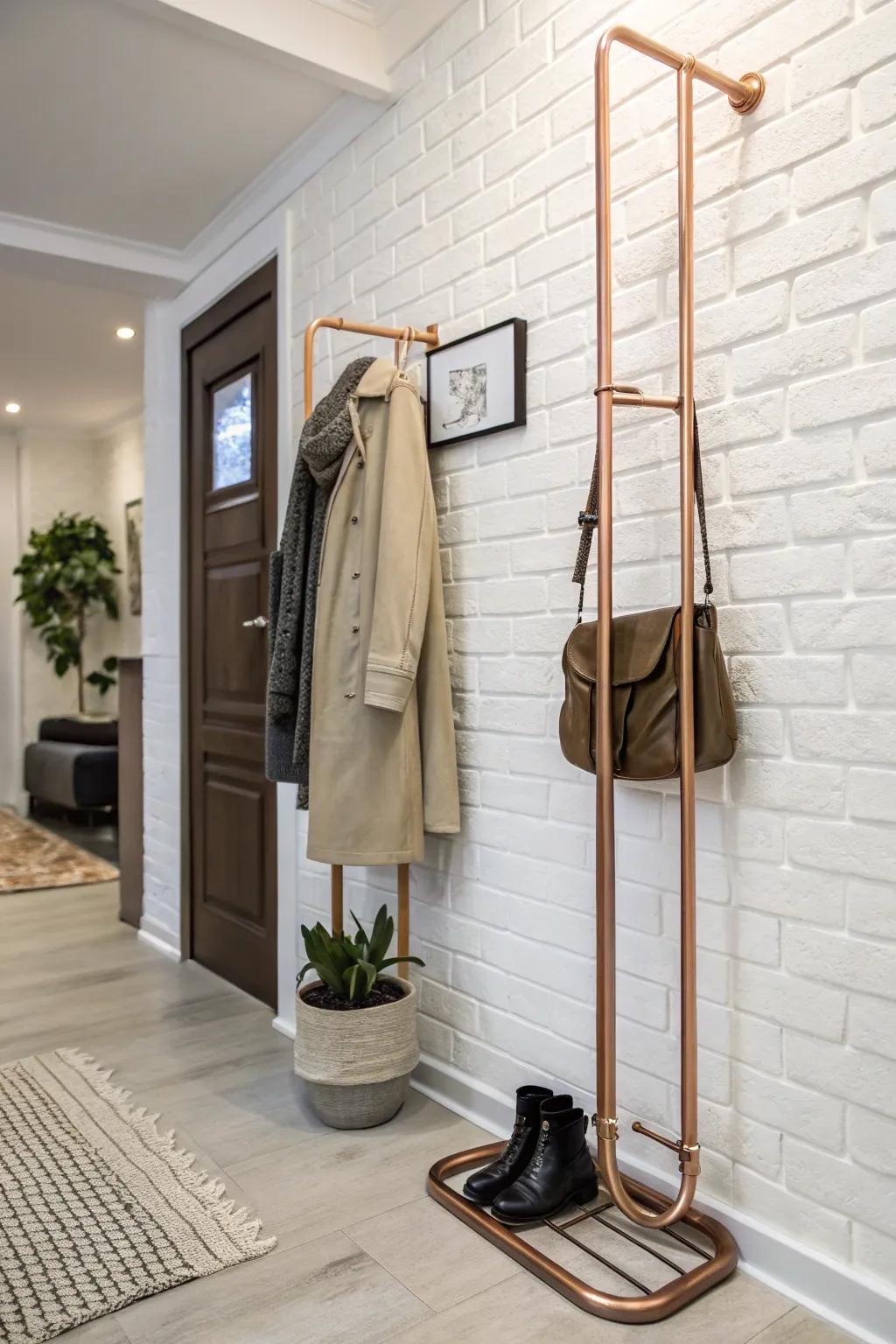 A bronze metal coat rack infuses elegance and warmth into this chic entryway.