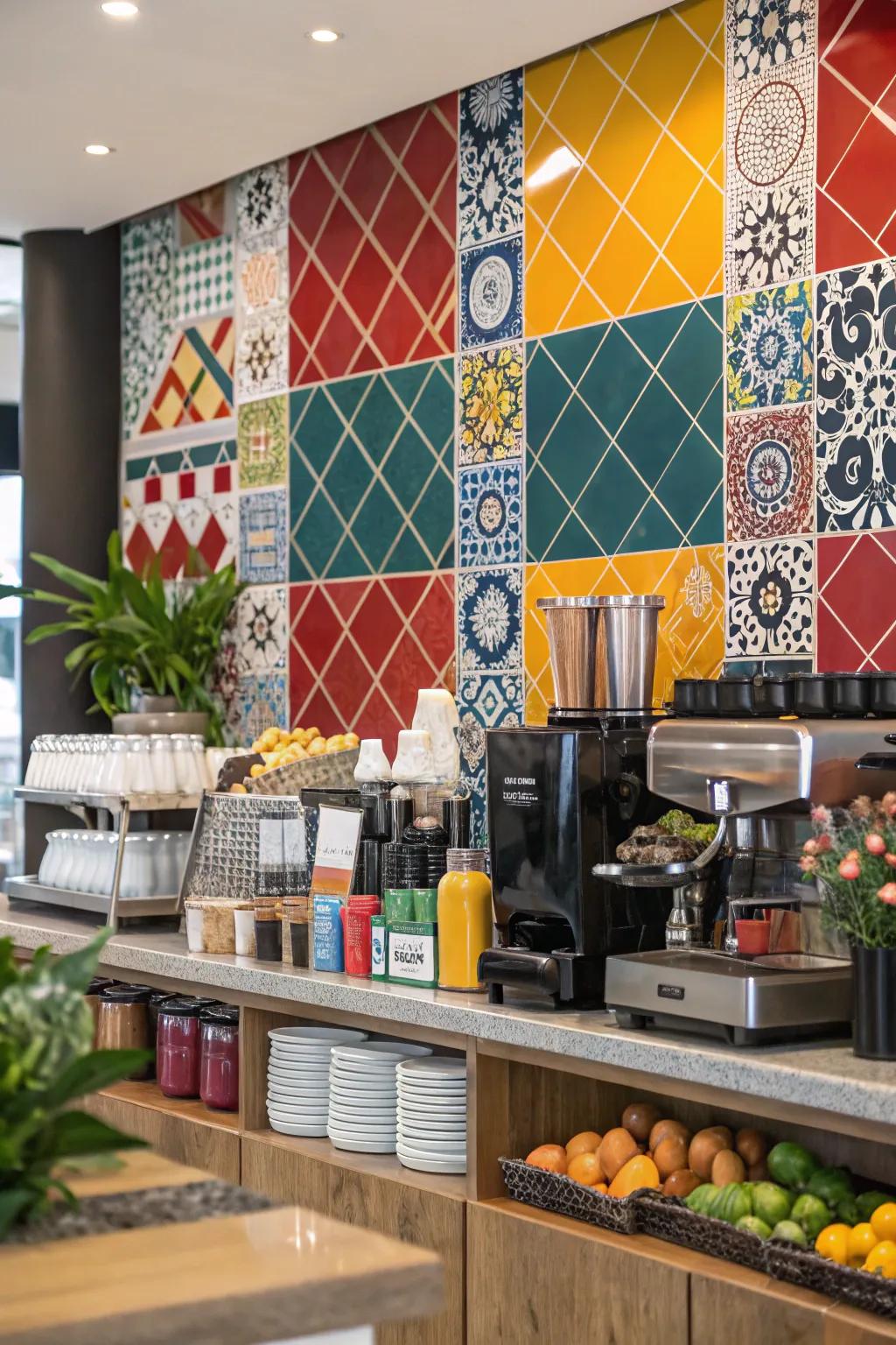 A bold backsplash adds a pop of color.