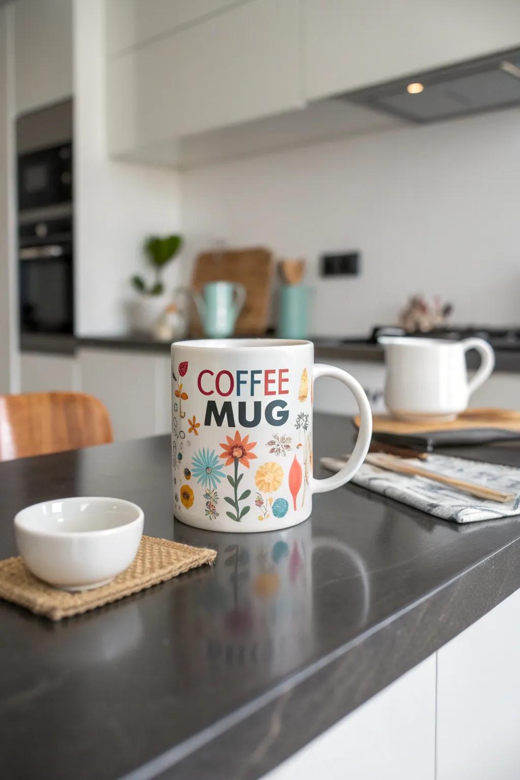 A balanced mix of text and pictures for a stylish cup.
