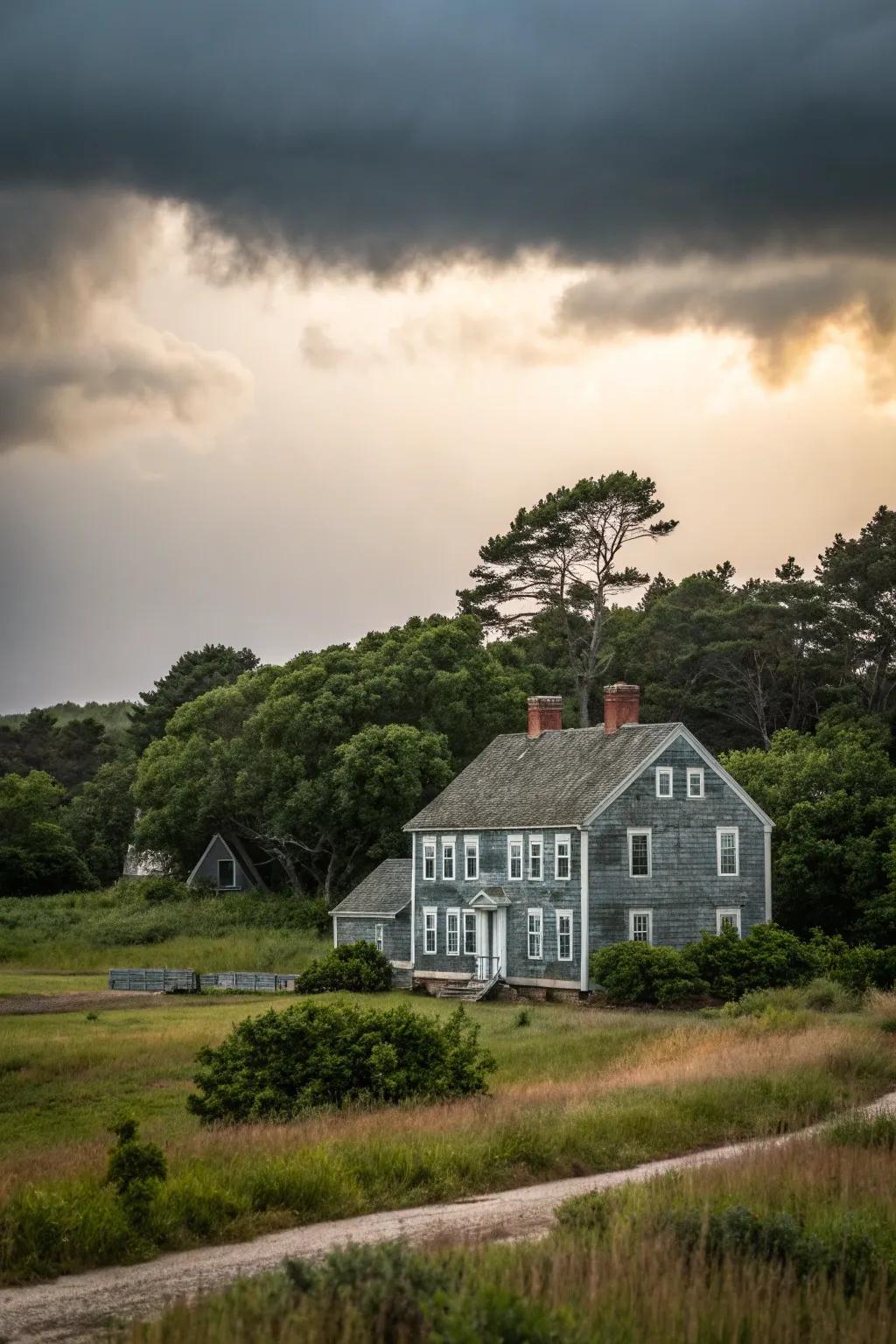 A colonial house with a stormy slate facade, blending seamlessly with its surroundings.