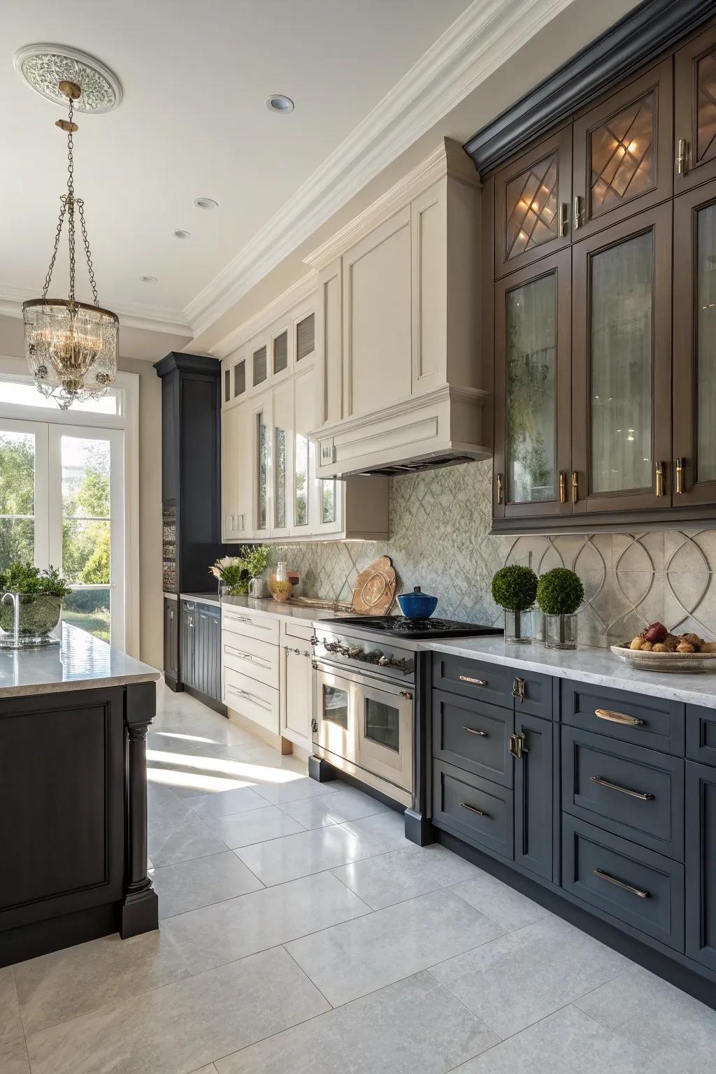 A kitchen with bold dual-tone cabinets for a visually interesting and refined visual.