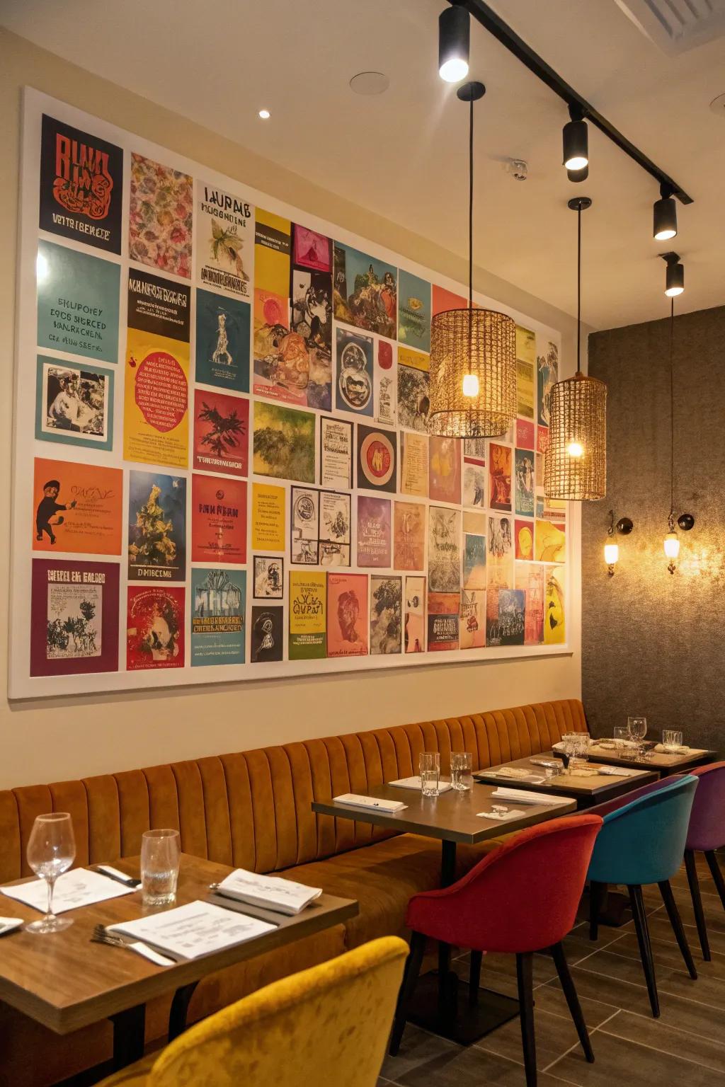 Eclectic art array of small posters infusing a dining space with charm.