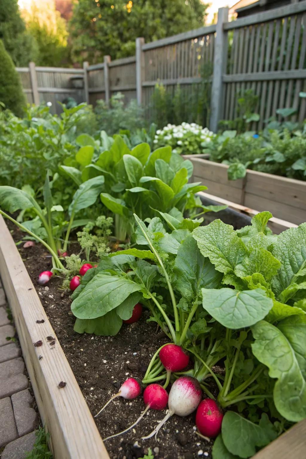 Snap roots and leafy greens, a fast-growing pair for early harvests.