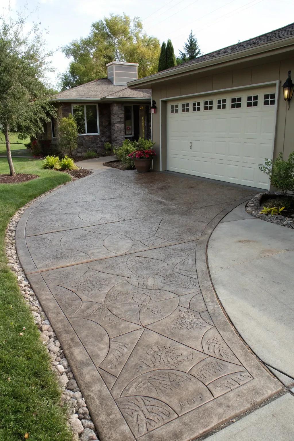 A durable and stylish imprinted concrete apron enhances this driveway.