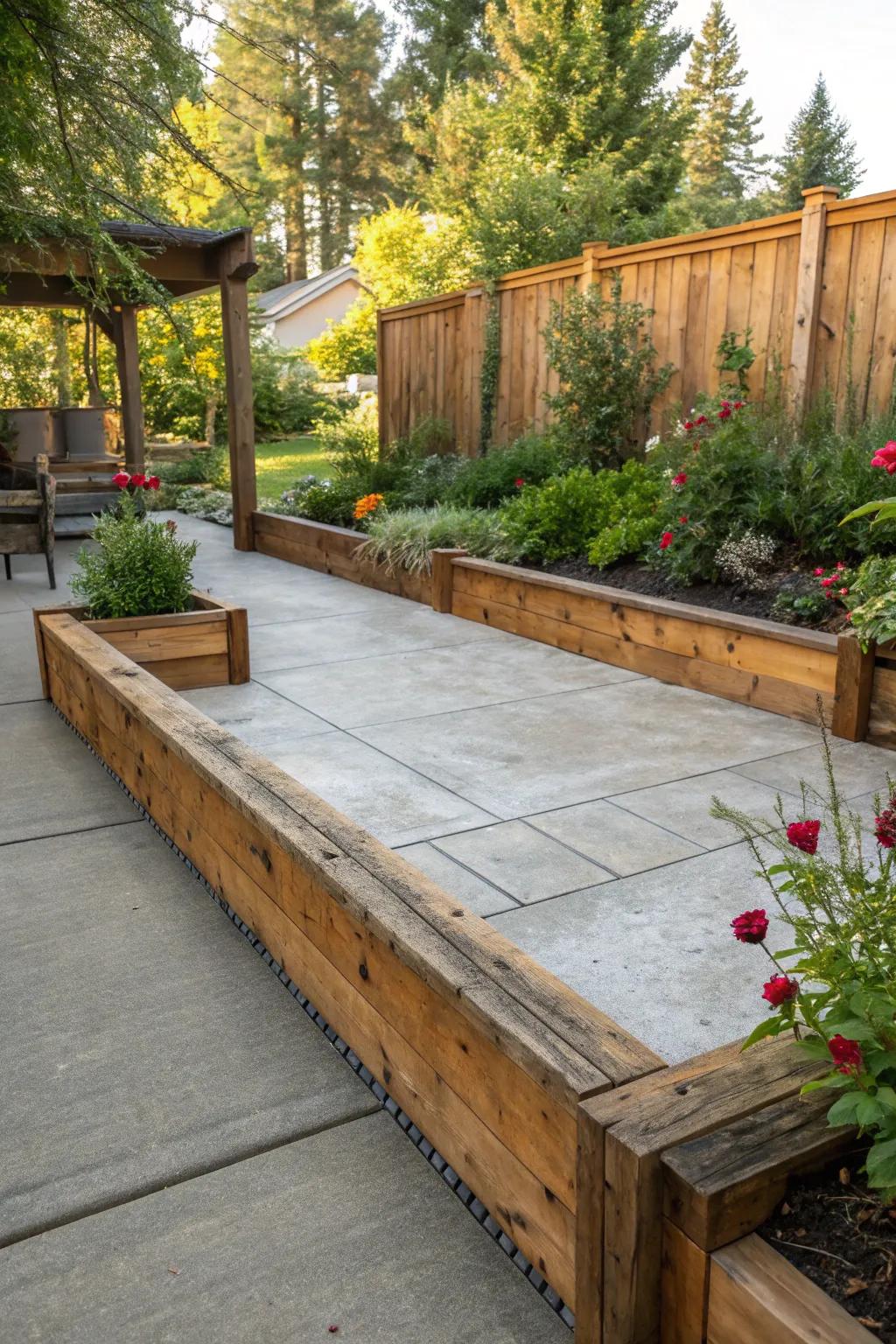 Rustic timber borders add warmth and character to patios.