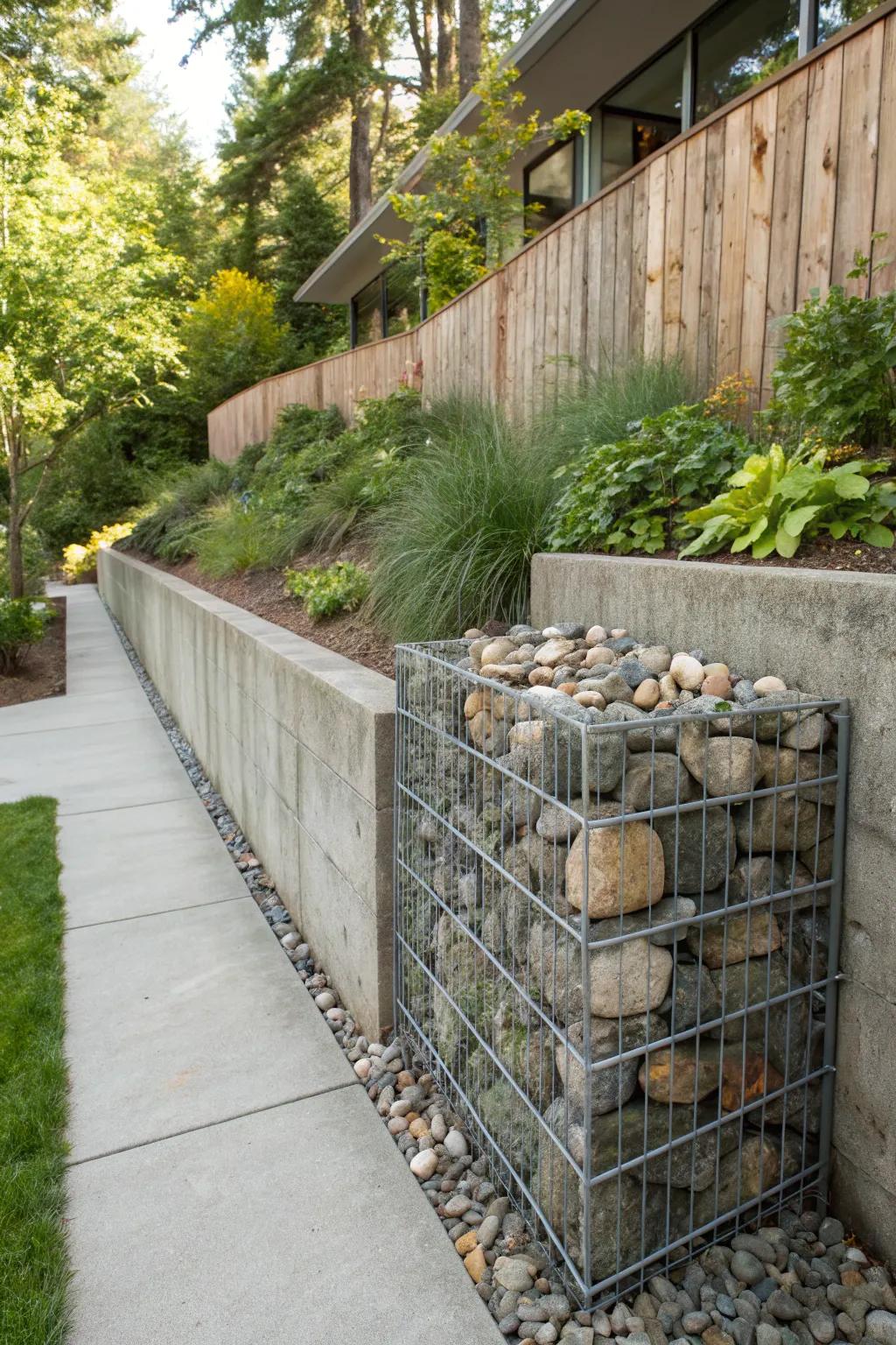 Gabion structures offer a contemporary industrial touch.
