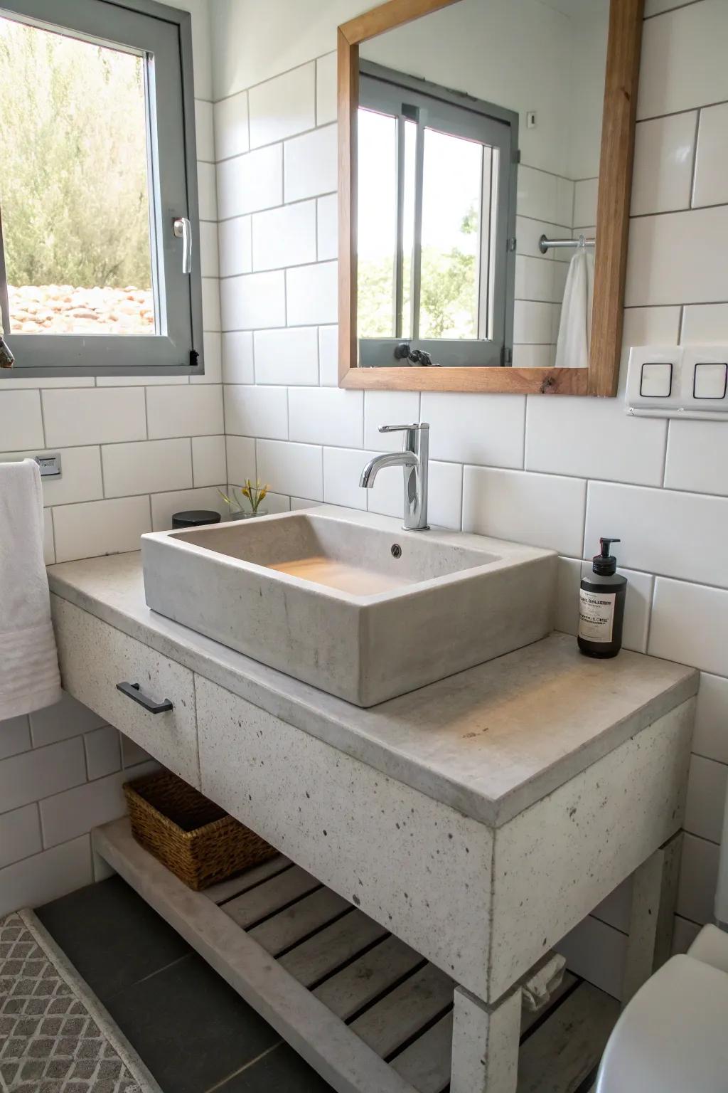 Wall-mounted concrete sink in a compact bathroom.