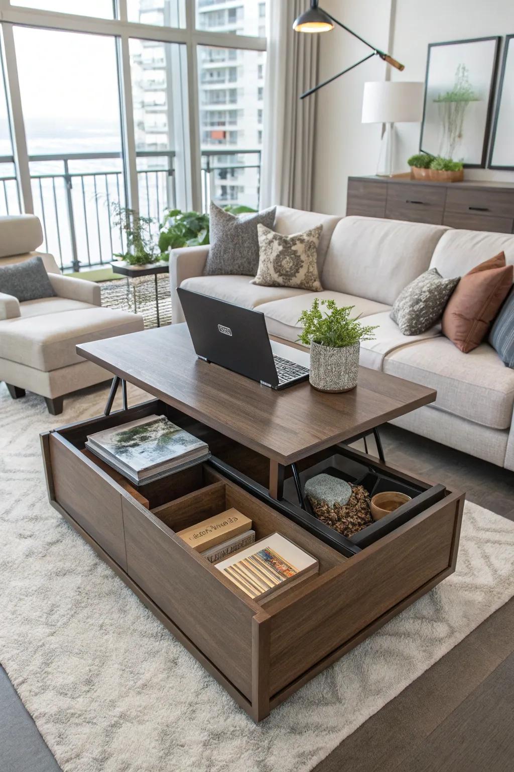Inbuilt storage maintaining a clutter-free condo living area.