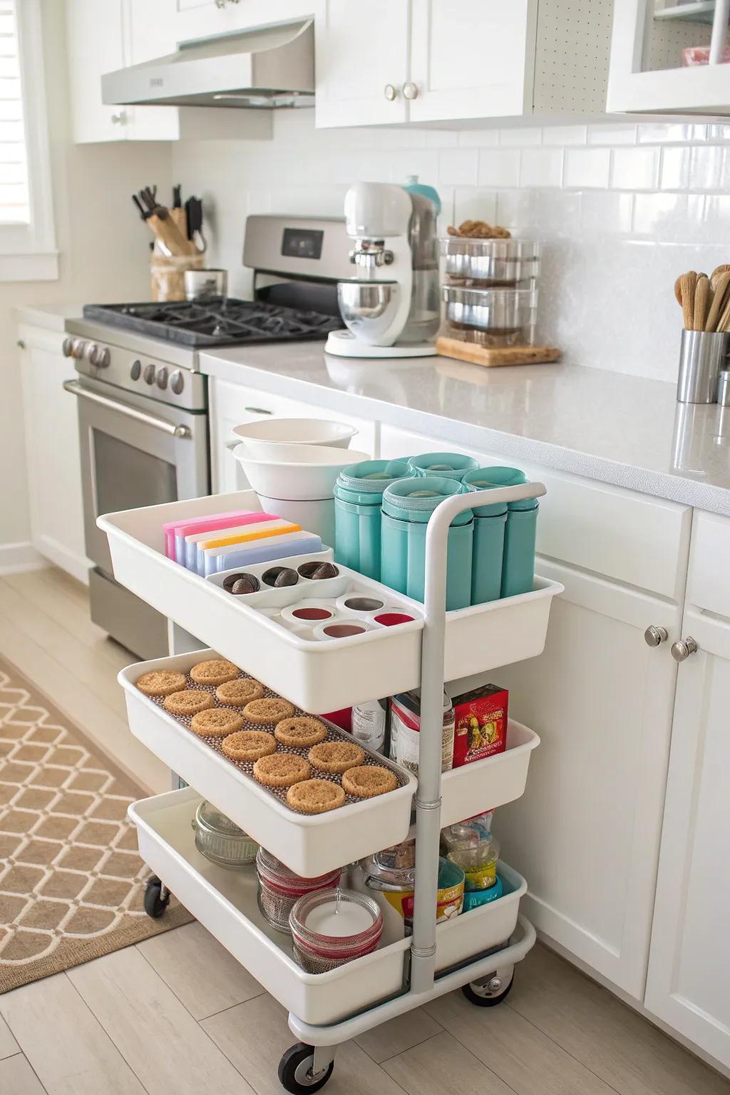 A mobile trolley acting as a portable cookie embosser station.
