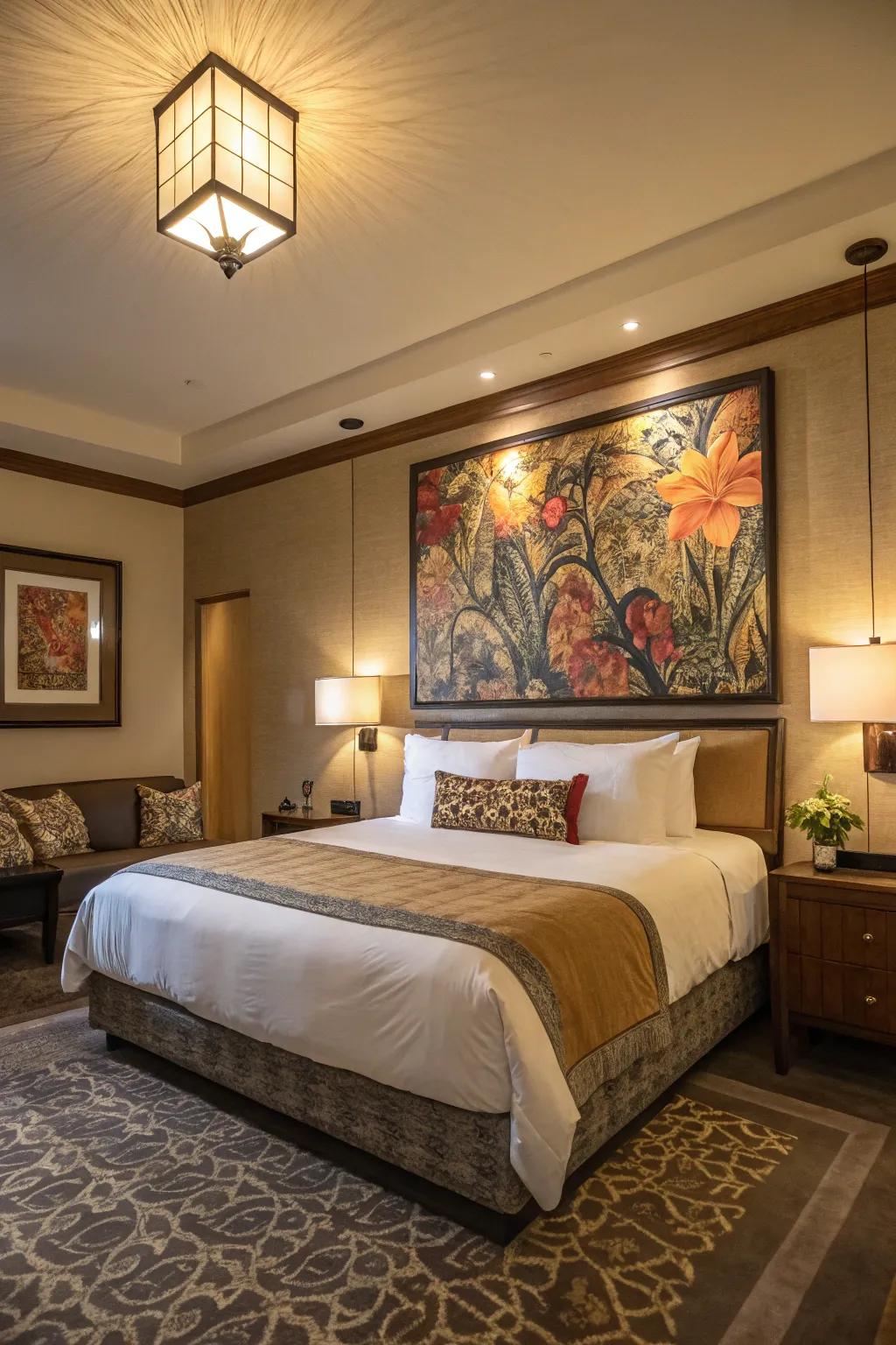 Impressive art pieces add personality and focus to your bedroom.