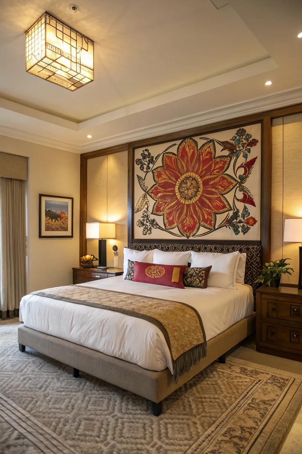 Artistic touches add sophistication and visual interest to the bedroom.