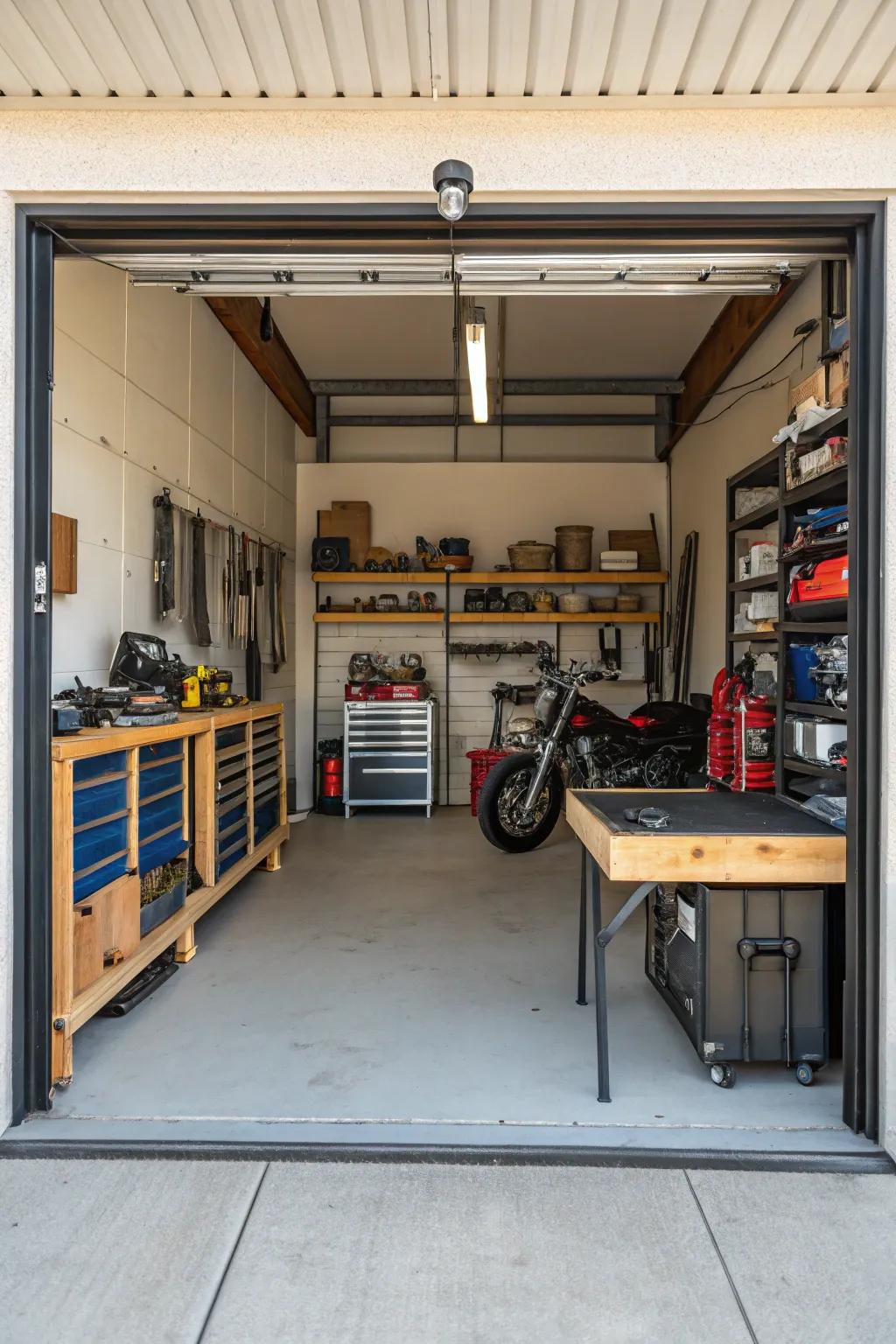 A dual-purpose garage combining storage and workshop functionality.