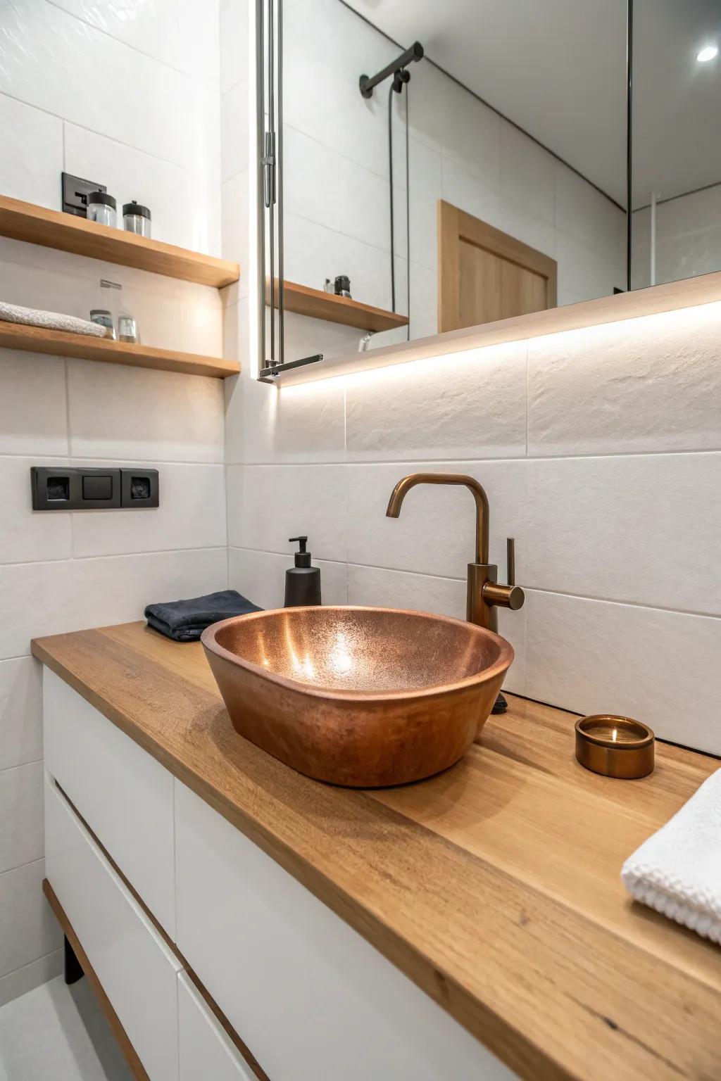 An undermount copper sink merges effortlessly into the sleek, minimalist design of this contemporary bathroom.