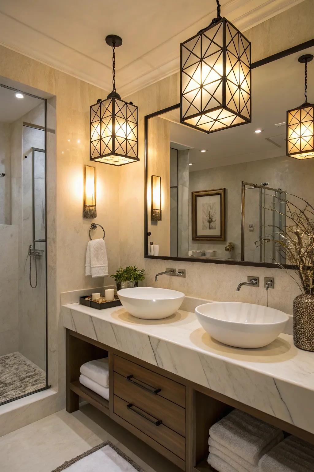 Elegant lighting transforms the ambiance of bathroom corners.