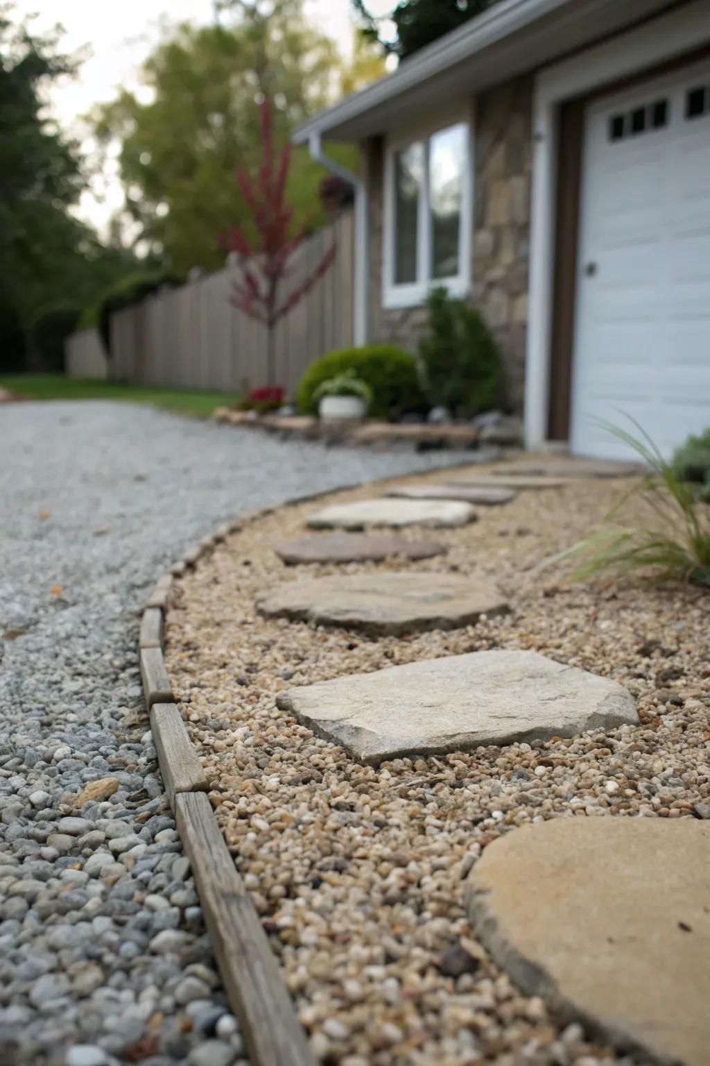 Gravel combined with stepping stones creating a rustic and permeable driveway surface.