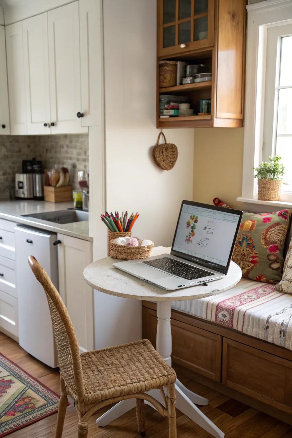 A work alcove in the kitchen corner provides functionality for busy households.
