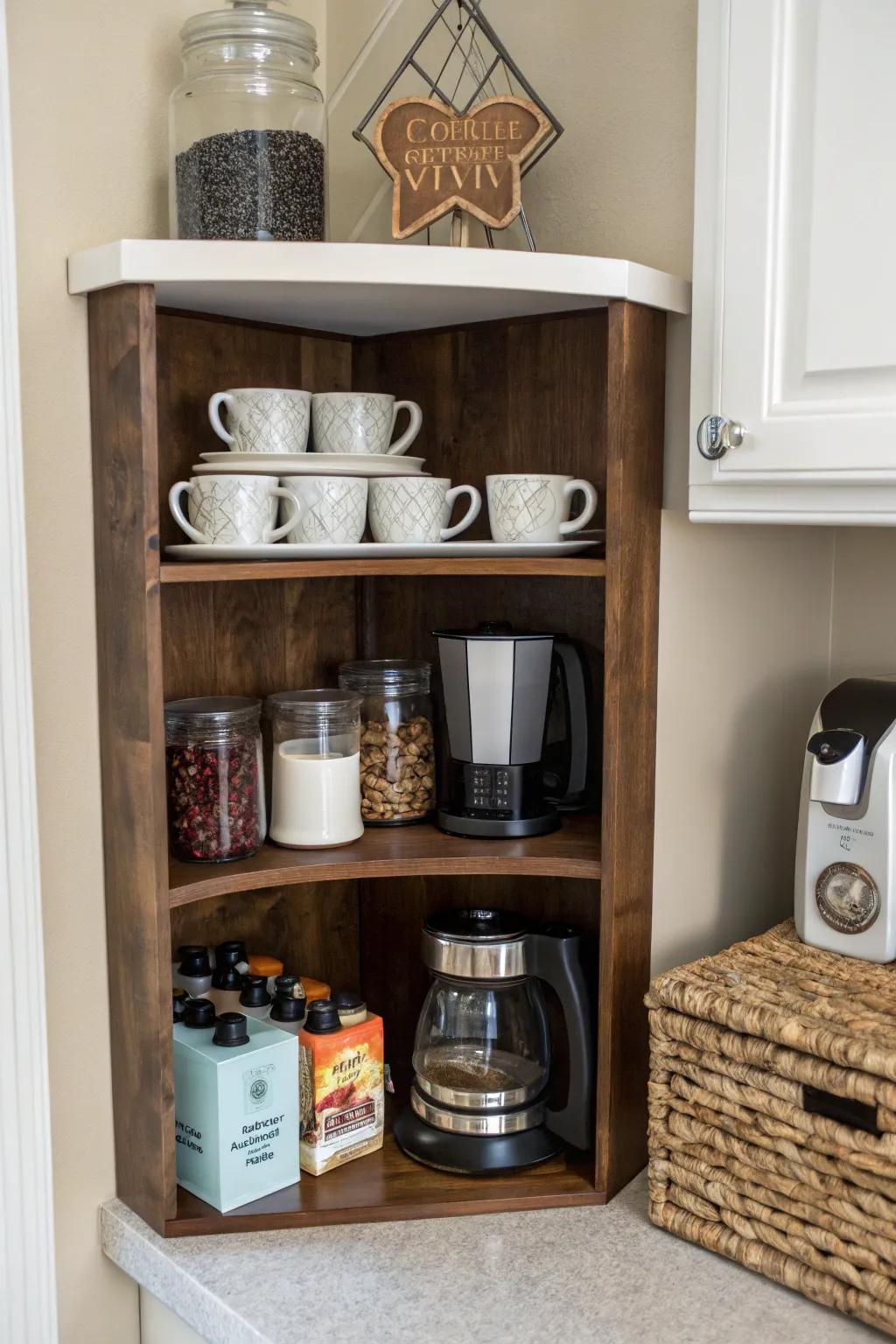 A corner shelf as a coffee station.