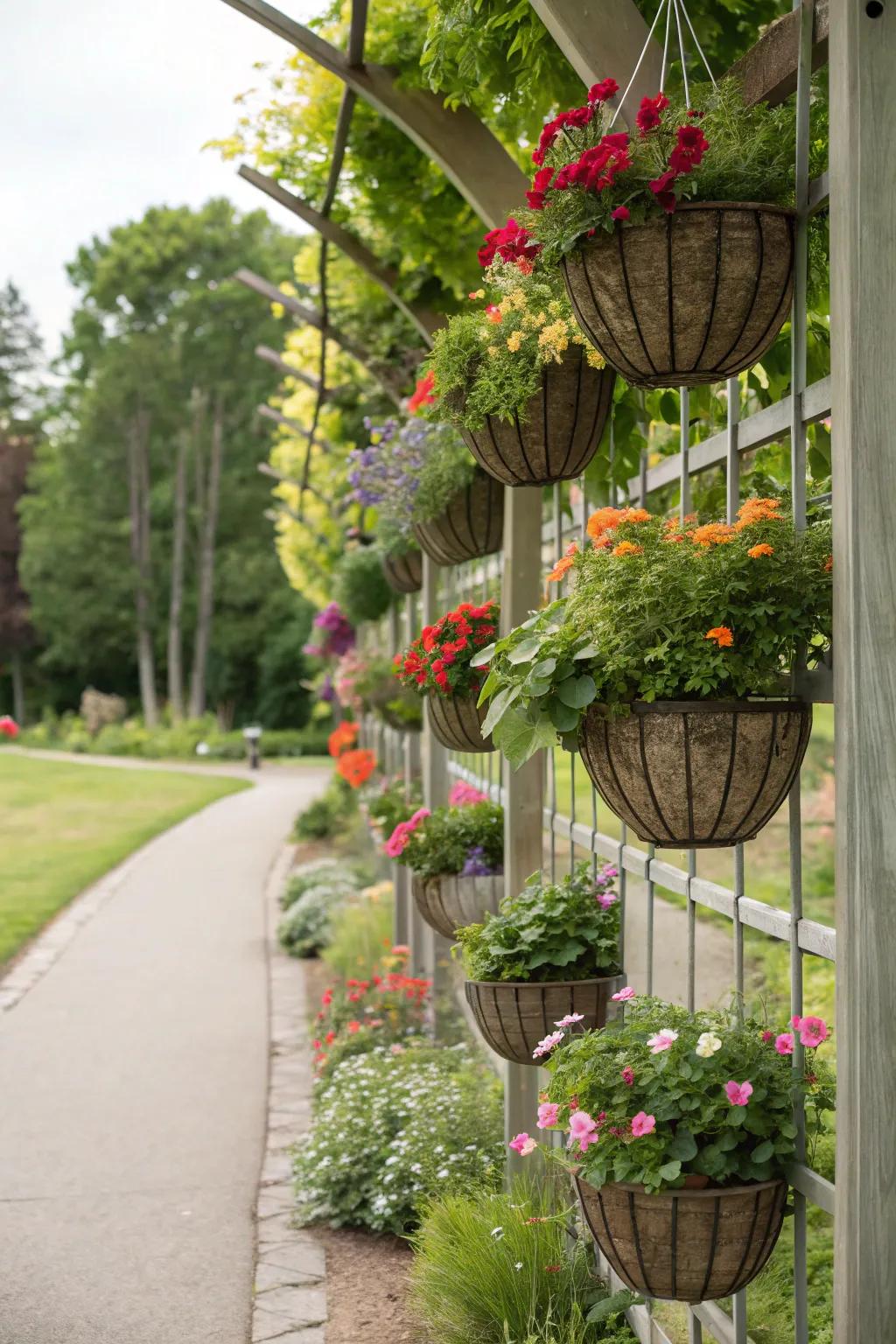 A trellis enhanced with hanging planters of herbs.