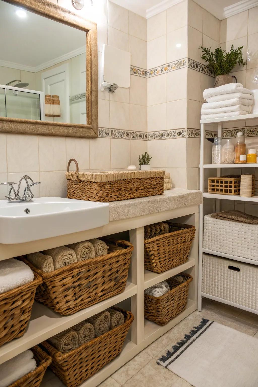 Clever storage solutions in a cottage bathroom