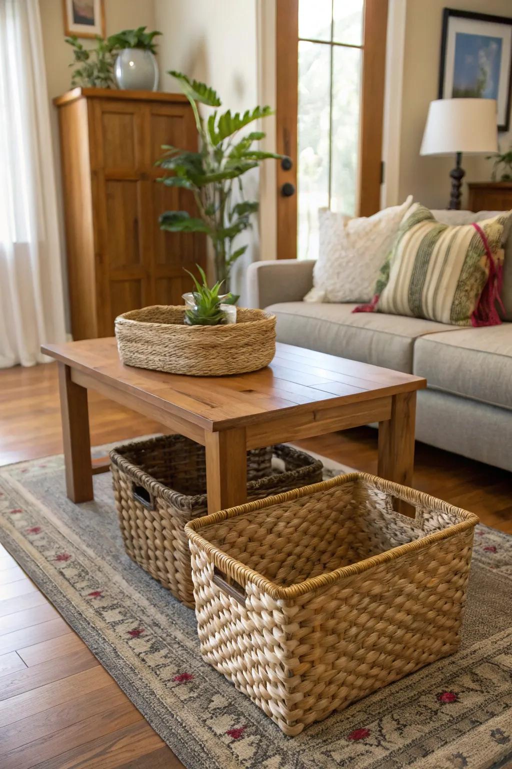 Woven containers provide stylish and functional storage solutions.