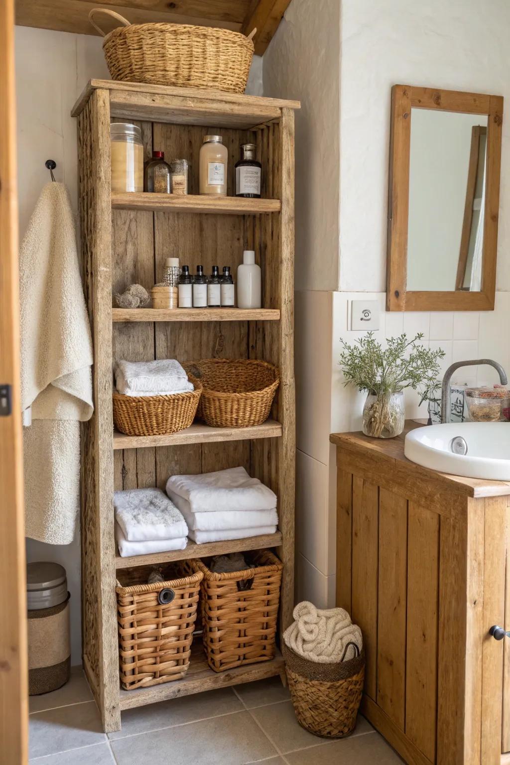 Open shelves and baskets offer practical and stylish storage.