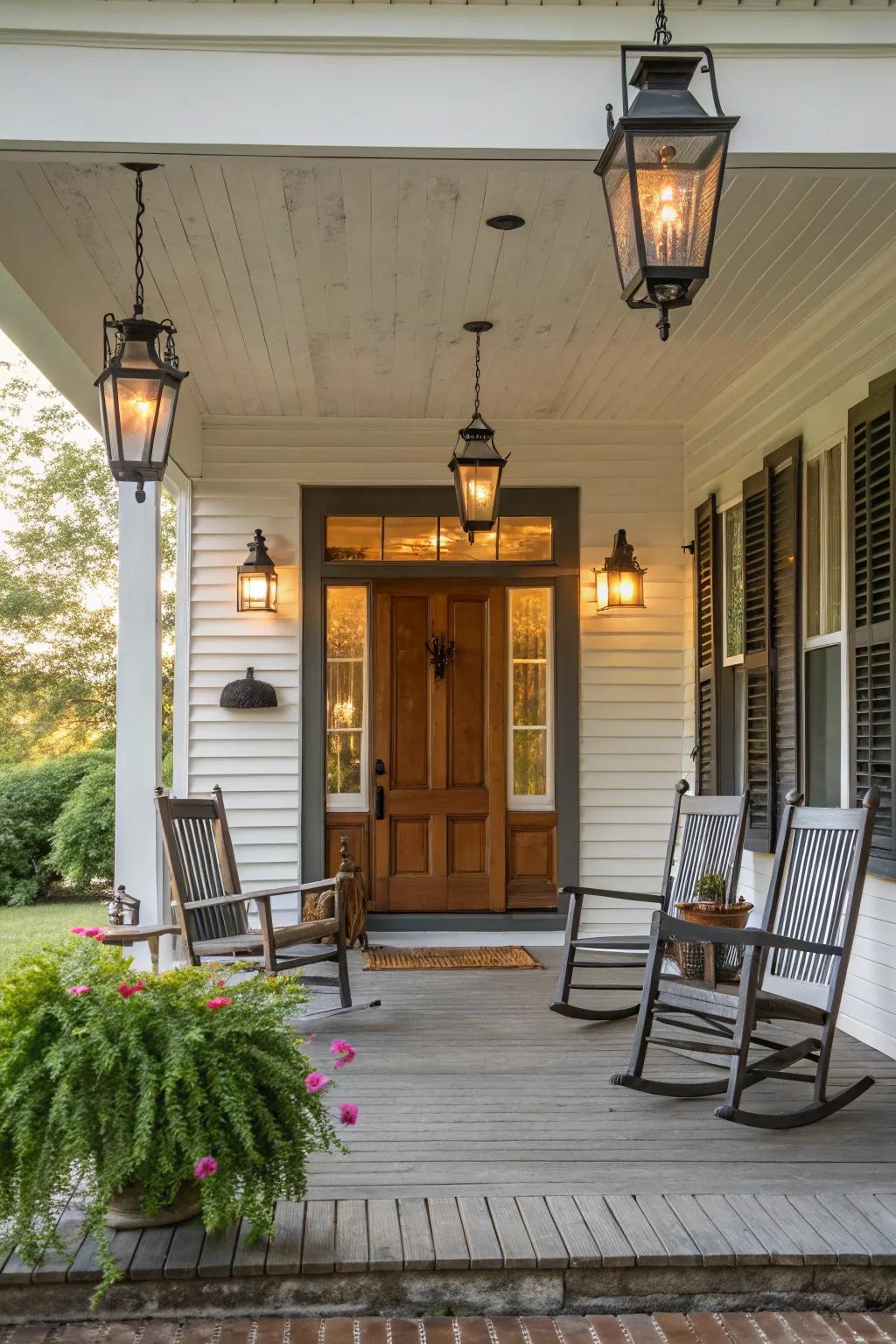 Symmetrical arrangements bring balance to this farmhouse porch.