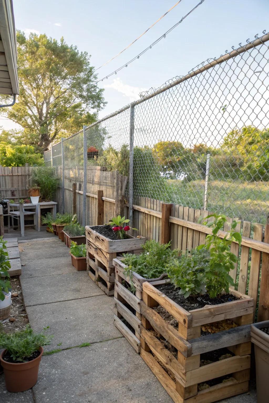 Pallet wood and chain link: an enchanting, sustainable fencing answer.