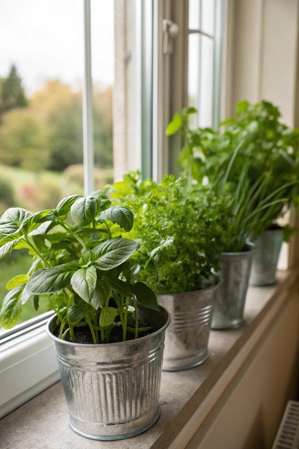 Tin receptacles repurposed as planters inject homespun charm.