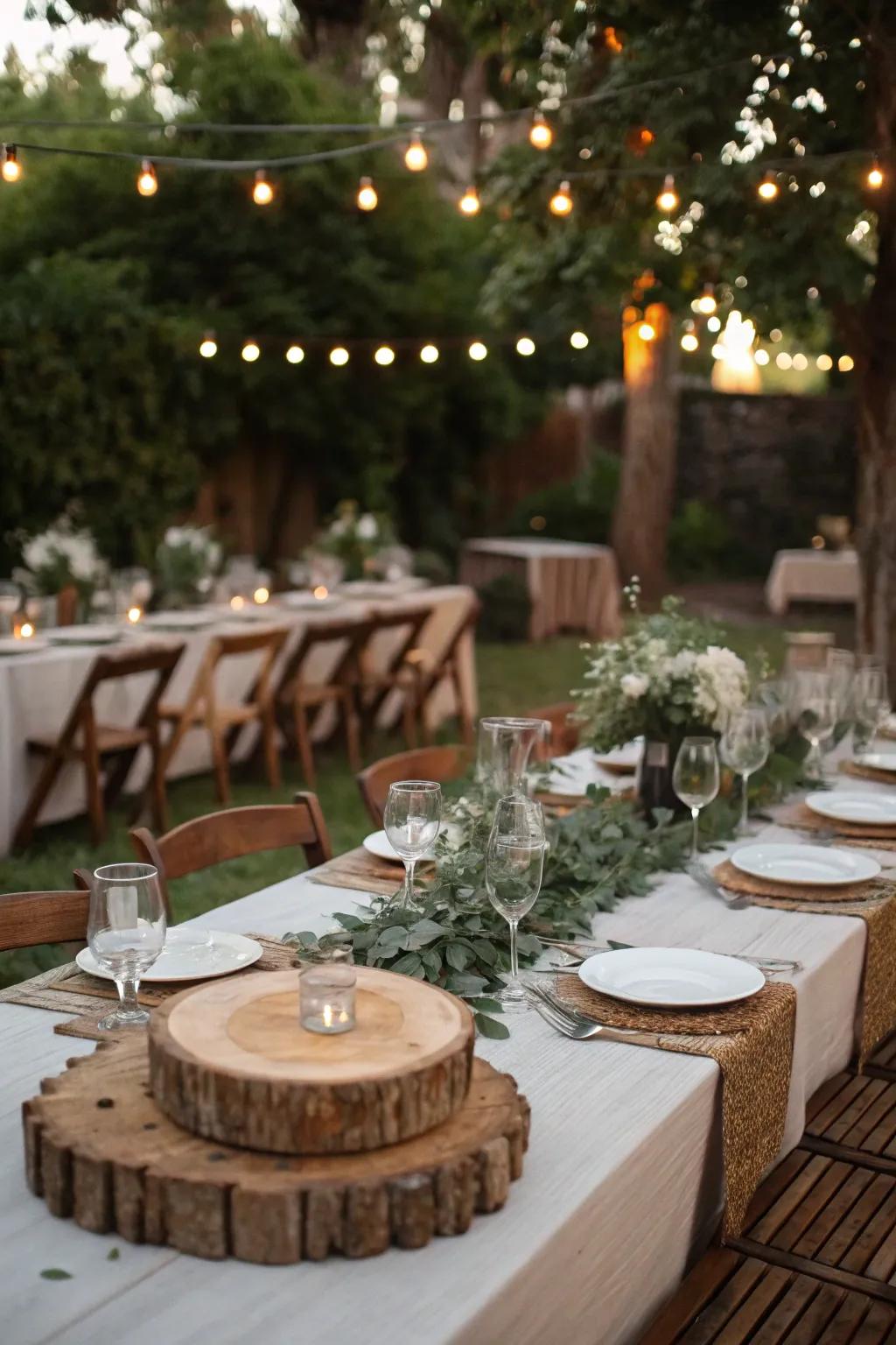 Unrefined wedding platforms featuring timber design and straightforward glassware.