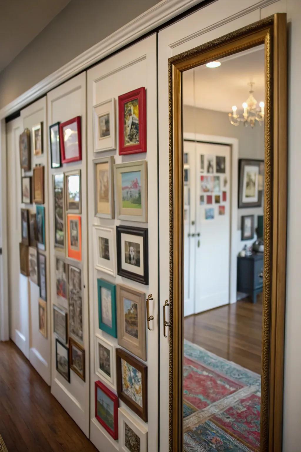 A gallery wall effect personalizes mirrored doors beautifully.