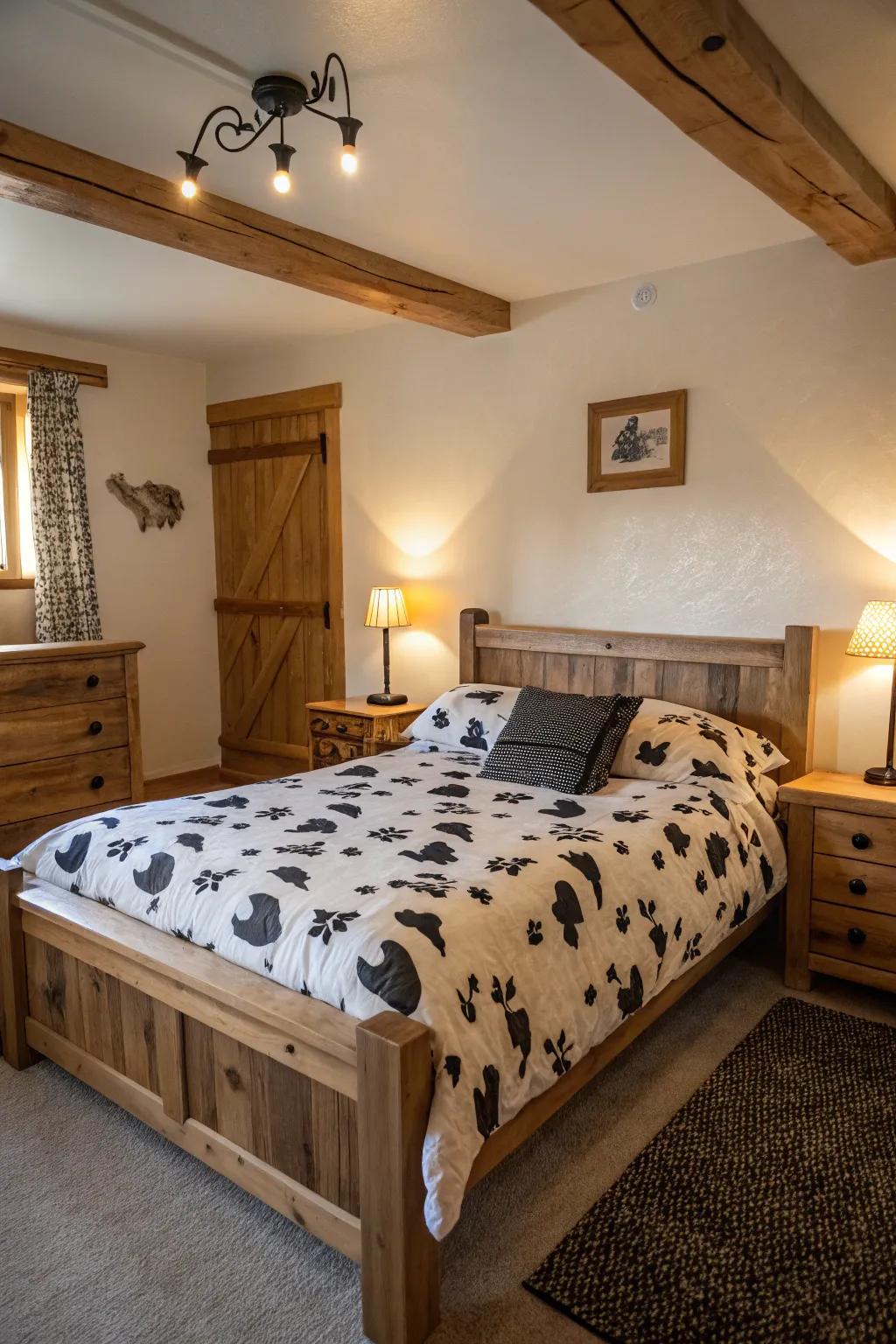 A cow print quilt enriches warmth and style in any bedroom environment.