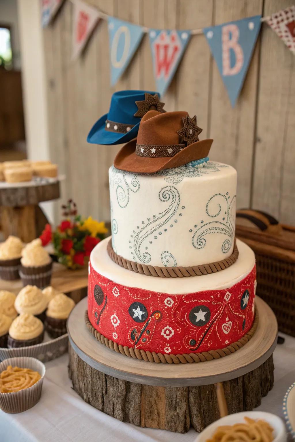A bandana pattern adds a burst of color and classic cowgirl style to this cake.
